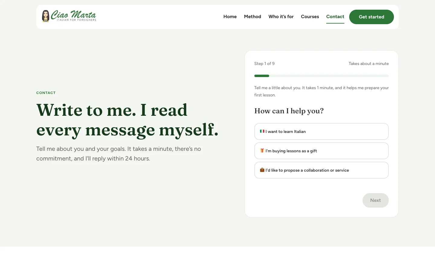 Ciao Marta: the guided contact form