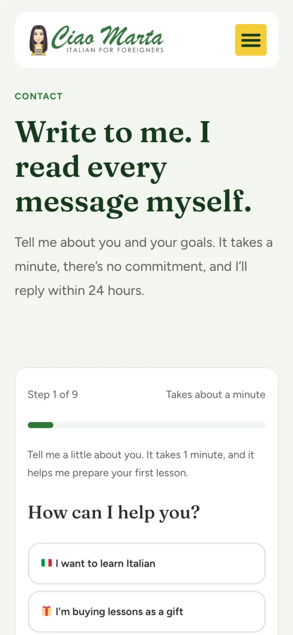 Ciao Marta: on a phone: the contact form