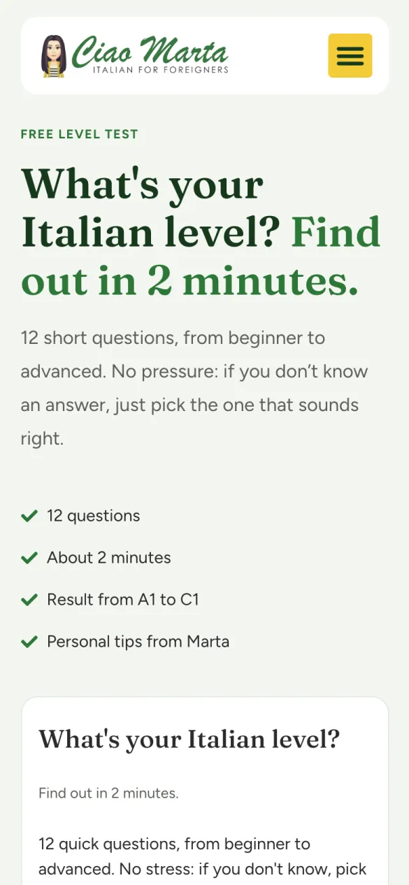Ciao Marta: on a phone: the level test