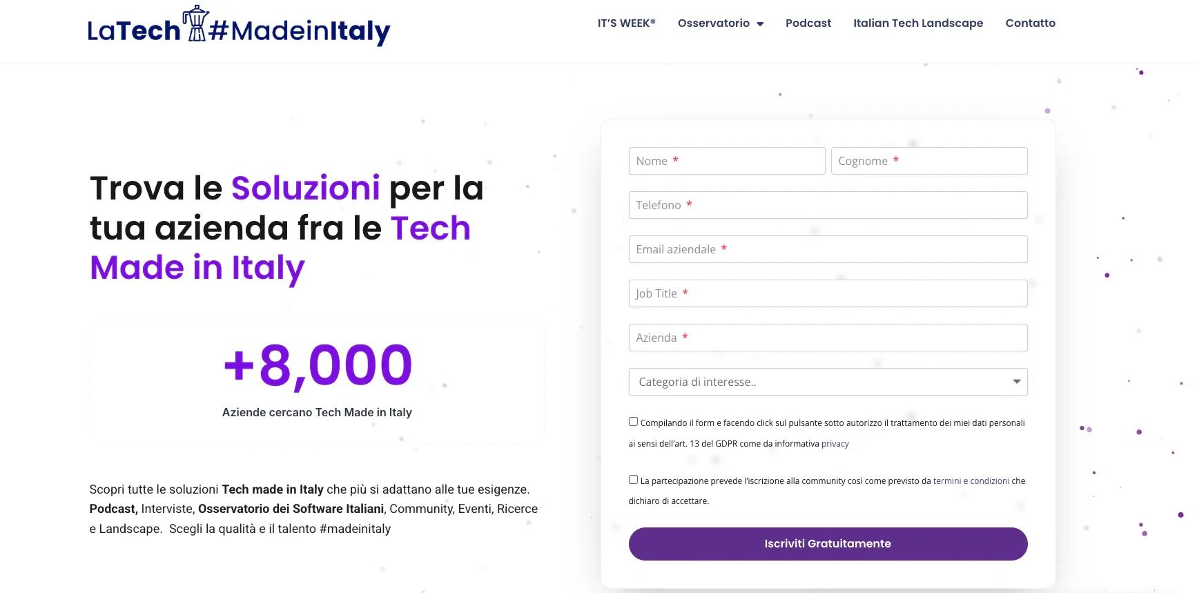 The new La Tech Made in Italy homepage with the sign-up form