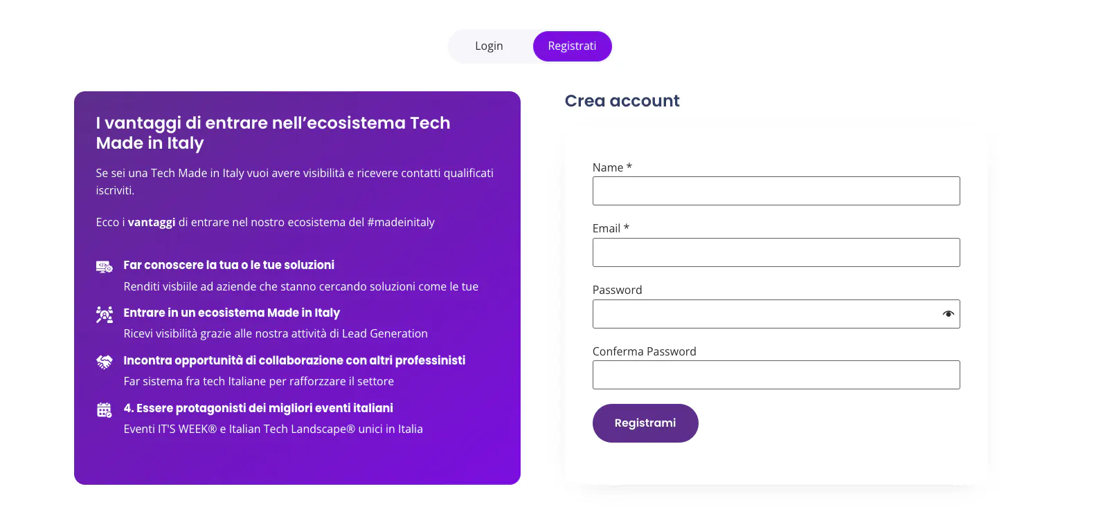 The registration page: benefits on the left, the sign-up form on the right